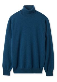 Pull à col roulé bleu marine à manches longues avec poignets, ourlet et col côtelés, posé à plat sur un fond blanc.