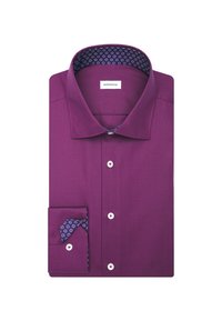 Lila Hemd mit strukturiertem Kragen und Manschetten. Die Innenseite besteht aus einem gemusterten marineblauen Stoff mit Kreisen. Enthält weiße Knöpfe.