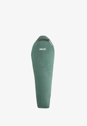 Green mummy-style sleeping bag with hood and zipper, branded "Millet." Designed for outdoor camping and warmth.