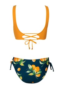 Yellow bikini top with a lace-up back and adjustable ties, paired with blue bottoms featuring a citrus fruit pattern and side ties.