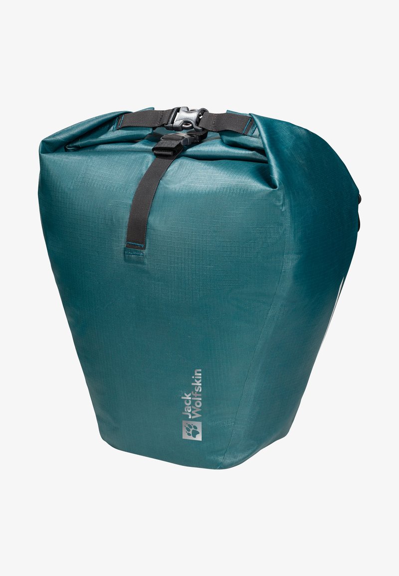 Mochila impermeável em verde-água escuro. Apresenta um fecho superior com enrolamento e uma alça preta. Feita de material durável com uma superfície texturizada.