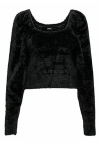 Zwarte cropped sweater van zacht nepbont met lange mouwen en een vierkante halslijn. De textuur is pluizig en glad. Merkenlabel zichtbaar.