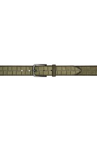 Groene geweven leren riem met een vierkant patroon, zilveren metalen gesp en vijf verstelgaten voor maataanpassing.