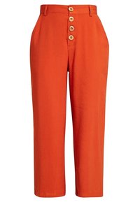 Oranje linnen broek met een hoge taille, voorzien van vijf knopen aan de voorkant, wijde benen en een gladde textuur.