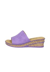Purple suede wedge sandals with an open toe and a textured cork midsole, featuring a solid purple base and a smooth leather upper.