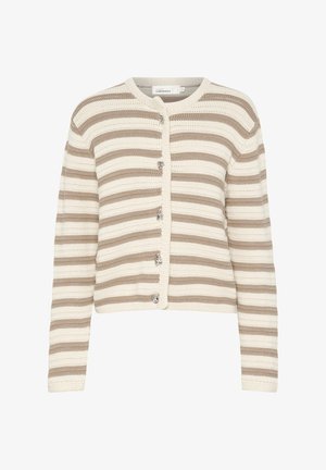 Gestreifter Cardigan in Creme- und Beigetönen, mit rundem Ausschnitt, langen Ärmeln, Druckknopfverschluss und strukturiertem Strickdesign.