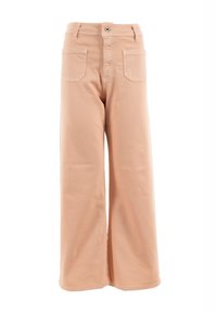 Pantalones de pierna ancha en color melocotón, hechos de algodón, con cintura alta, cierre delantero de botones y dos bolsillos traseros. Textura suave.