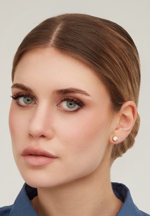 Femme aux yeux bleu clair et aux cheveux châtain clair coiffés en chignon, portant des boucles d'oreilles clous et une chemise bleue à col.