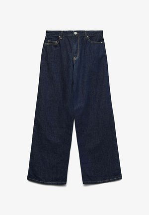 Jeans ampi in denim scuro con vita alta, cinque tasche, chiusura frontale con bottone e dettagli in contrasto nelle cuciture.