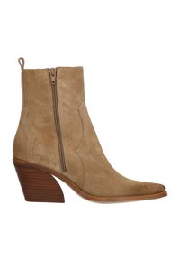 Beige suede ankle boot with pointed toe, side zipper, and a stacked wooden heel. Features subtle western-style stitching.