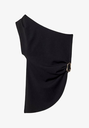 Haut asymétrique noir en tissu lisse, avec un design froncé et un accent en métal doré d'un côté.