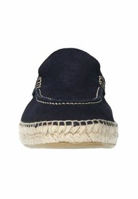 Espadrilles in camoscio blu navy con suola in juta intrecciata beige, caratterizzate da una cucitura e una forma della punta rotonda. Senza motivi o decorazioni.
