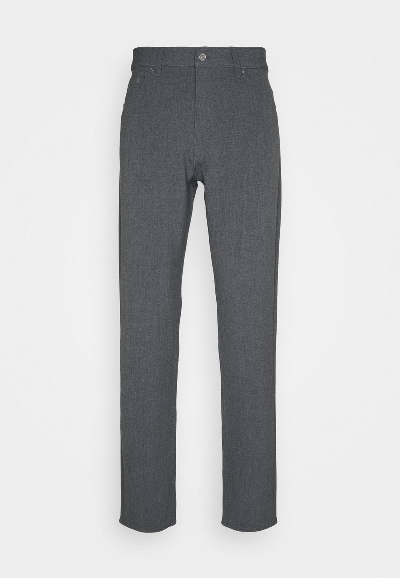 Pantalon gris foncé à jambes droites avec passants de ceinture, fermeture par bouton et poches avant, présenté sur fond blanc.