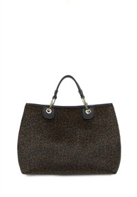 Borsa a tracolla con stampa leopardata in tonalità marrone scuro e nero, forma strutturata, dettagli in pelle nera, accessori in metallo dorato e doppio manico superiore.