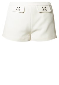 Vita shorts i strukturväv, med två bakfickor prydda med dekorativa spännen och sydda detaljer.