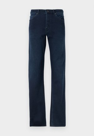 Dunkelblaue Jeans aus Denim mit geradem Schnitt, fünf Taschen, einem Knopfverschluss und kontrastierenden Nähten entlang der Säume.