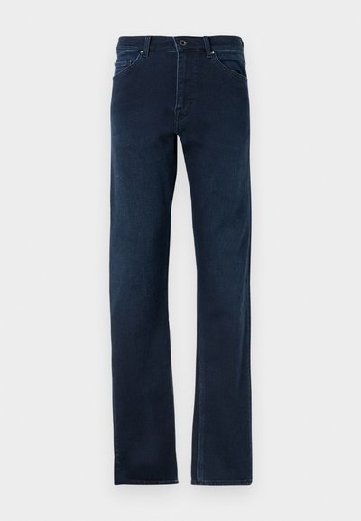 Dark blue denim jeans with straight legs, five pockets, a button fly, and contrasting stitching along the seams.