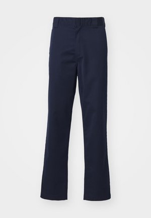 Navy blue trousers made of fabric, featuring a straight leg design, belt loops, and a clean finish at the hem. No visible patterns or accents.