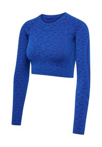 Niebieski, długi rękaw, krótki sportowy top z wzorem w panterkę, wykonany z elastycznego materiału z kontrastującymi bocznymi wstawkami i logo.