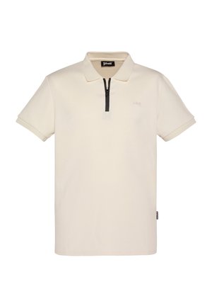 Polo crème à manches courtes en tissu texturé, fermeture à glissière noire sur la moitié, col plié et logo subtil sur la poitrine.