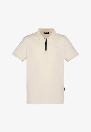 Polo de manga corta color crema con tela texturizada, cierre de media cremallera negro, cuello doblado y logotipo sutil en el pecho.