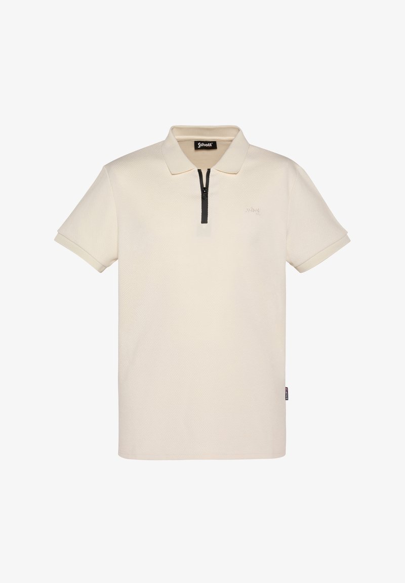 Polo crème à manches courtes en tissu texturé, fermeture à glissière noire sur la moitié, col plié et logo subtil sur la poitrine.