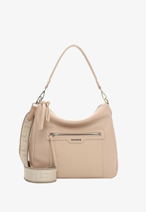 Beige Lederhandtasche mit kurzem Henkel, vorderer Reißverschlusstasche und breitem abnehmbarem Stoff-Schulterriemen mit geometrischem Muster.