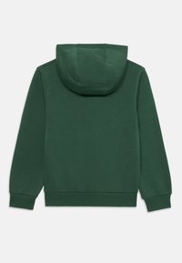 Sweatshirt à capuche vert foncé avec des manches longues et des poignets côtelés, présenté de dos sur un fond blanc uni.