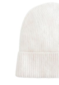 Knitted beanie hat in soft white yarn, featuring a ribbed pattern and a folded cuff. Smooth texture with subtle variations in shade.