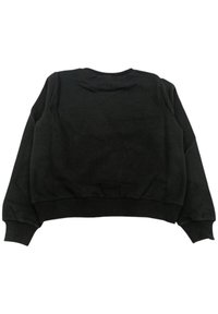 Sweatshirt nero corto con scollatura rotonda, maniche lunghe e polsini a coste. Texture morbida senza motivi o dettagli visibili.