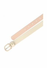 Cinturón delgado de cuero color beis claro con una correa de cuero blanco texturizado, que presenta una hebilla de metal dorado y múltiples agujeros para ajustes.