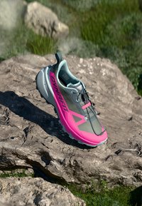 Γκρι και ροζ παπούτσι τρεξίματος σε μονοπάτι με το κείμενο "DYNAFIT", με ασφαλισμένα κορδόνια, resting σε βραχώδη έδαφος με πράσινο γρασίδι στο φόντο.
