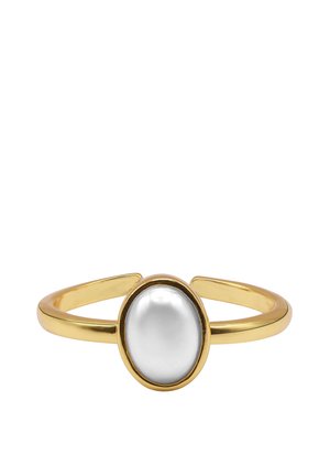 Bague à anneau ouvert en or avec une perle blanche ovale lisse sertie dans un simple chaton.