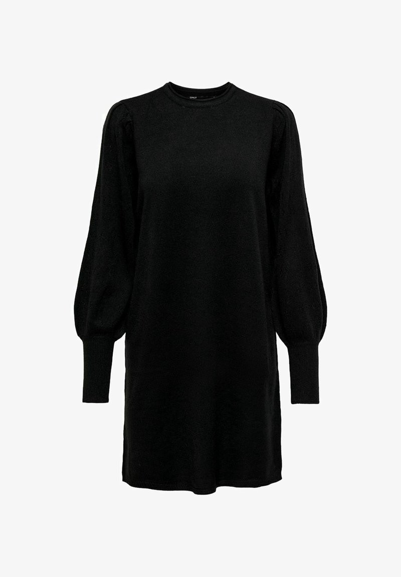 Robe noire en maille à manches longues avec manches bouffantes et poignets côtelés, dotée d'un col rond et d'un ourlet droit.