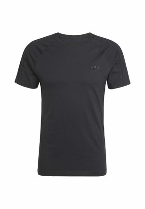 Black short-sleeve t-shirt made of cotton, featuring a crew neckline, raglan sleeves, and a subtle black logo on the chest.