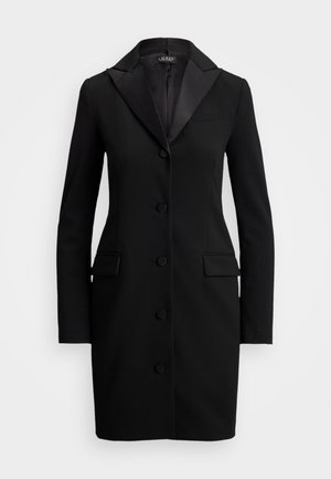 Black tailored knee-length blazer dress with satin lapels, long sleeves, and five front fabric-covered buttons.