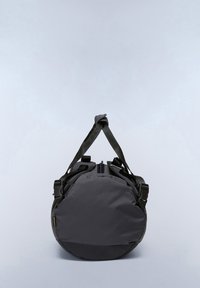 Black round bag with a textured fabric, dual handles, and a top zipper. Adjustable straps are attached to the sides.