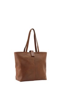 Brown leather tote bag with two handles, minimalist design, smooth texture, and a central seam detail. No visible logos or patterns.