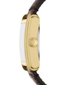 Gouden horlogekast met een gladde, glanzende afwerking en een witte wijzerplaat. Bruin leren band met een gestructureerd oppervlak en decoratieve stiksels.