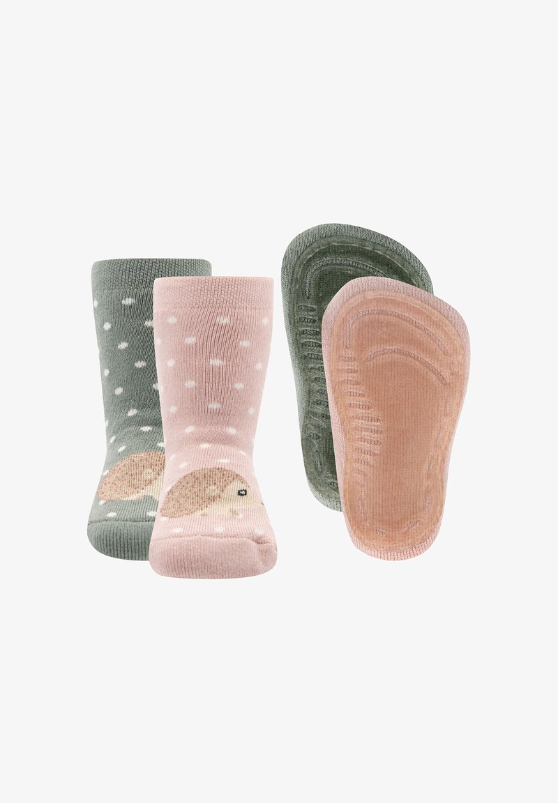 Helle rosa und grüne Socken mit einem Igel-Design und Punkten, ausgestattet mit einer strukturierten Sohle und weichem Material für Komfort.