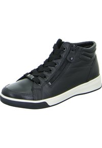 Schwarze Leder-Hochschnitt-Sneaker mit Schnürung und seitlichem Reißverschluss, weißer Gummisohle und strukturierten Akzenten. Steppnähte sind auf dem Obermaterial sichtbar.