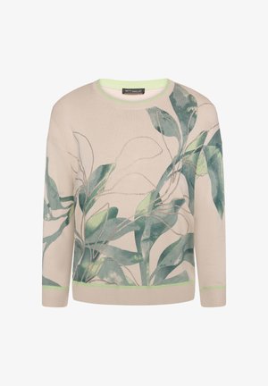 Beiger Pullover mit grünen Blattmustern, rundem Ausschnitt, Dreiviertelärmeln und hellgrünem Besatz an Bündchen und Saum.