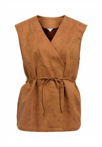 Gilet sans manches marron en matière douce semblable à du daim. Doté d'un col en V, d'une taille à nouer et d'une coupe ample. Texture lisse sans motifs.
