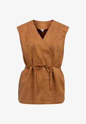 Brun, ærmeløs omslagsvest i blødt, ruskindsagtigt materiale. Har en v-halsudskæring, bånd i taljen og løs pasform. Glat tekstur uden mønstre.