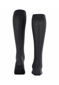 Calze fino al ginocchio di un grigio scuro uniforme con una superficie liscia e un polsino a coste. Presentano una punta rinforzata e un sottile dettaglio del marchio.
