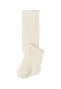 Cremfarbene Babystrumpfhosen mit umgeschlagenem Fuß und geripptem Bund, flach auf einem weißen Hintergrund liegend.