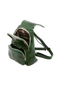 Zaino in pelle verde con numerose tasche con zip, fodera a quadri, spallacci regolabili e design strutturato. Texture liscia con hardware dorato.