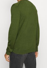 Una persona che indossa un maglione verde e jeans scuri, vista di spalle, si trova davanti a uno sfondo bianco semplice.