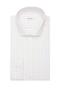 Camicia a quadri bianchi in cotone, con colletto classico, polsini a bottone singolo e un'etichetta all'interno del colletto.