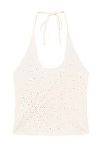 Top halter bianco realizzato in tessuto morbido, con un motivo di piccoli strass neri disposti in un design a spirale. Si lega al collo.